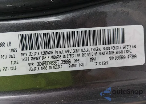 2016 Dodge Journey Se z USA, uszkodzony, nr VIN 3C4PDCAB2GT139886